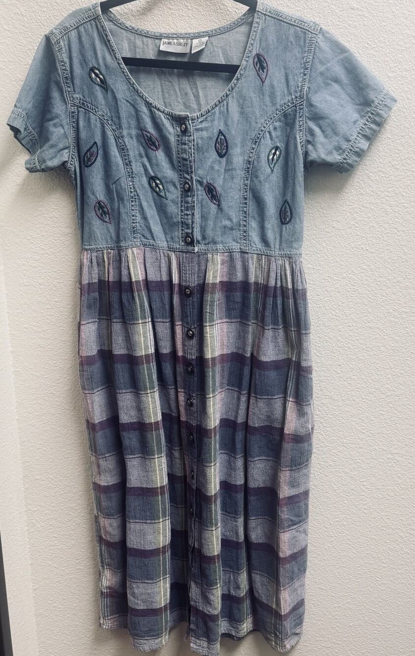 Vintage Jane Ashley Denim Embroidered Prairie Dress Plaid Sz M Boho Cottagecore